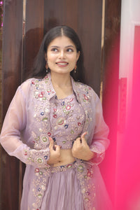 Purple Premium Crop Top With Embroidered Organza Shrug For Women
