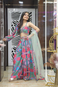 Blue Premium One-Shoulder Top With Printed Palazzo & Net Dupatta For Women
