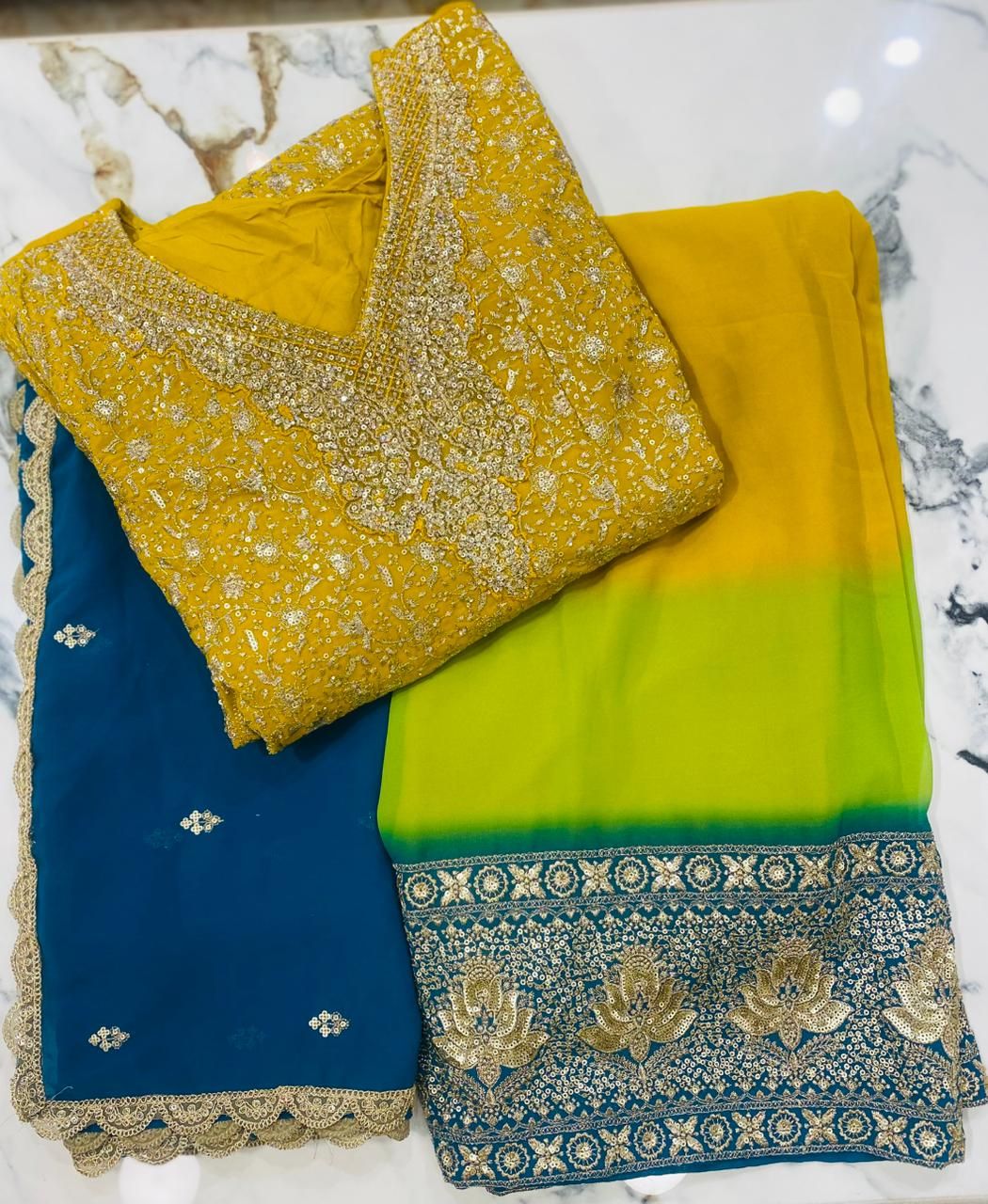 3-D Yellow & Tea Blue Georgette Anarkali Palazzo Set with Dupatta