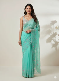 Blue Organza Handwork Saree