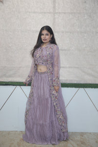 Purple Premium Crop Top With Embroidered Organza Shrug For Women