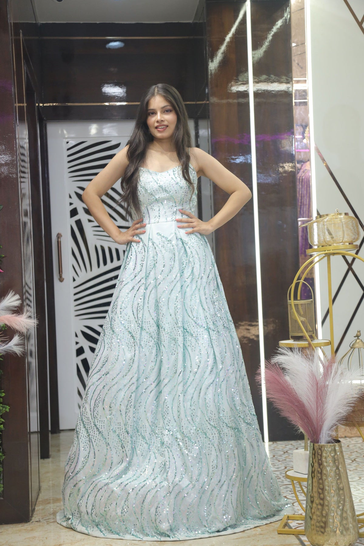 Blue Premium Sequins Cocktail Gown For Women