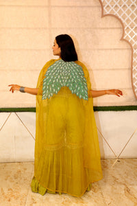 Green Premium Garara Top With Cape Shrug Pure Crape Thread Work Set For Women