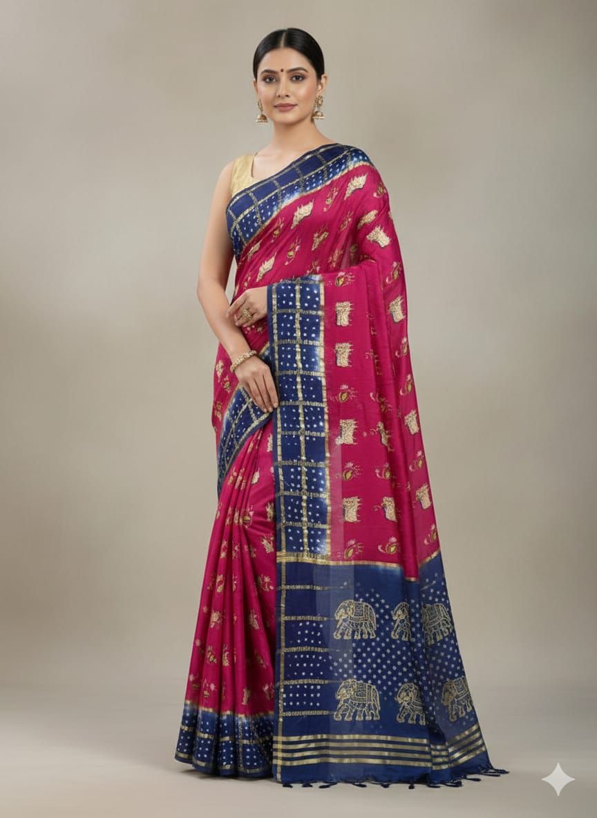 Pink and Blue Modal Silk Cow Print Saree with Zari