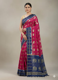 Pink and Blue Modal Silk Cow Print Saree with Zari