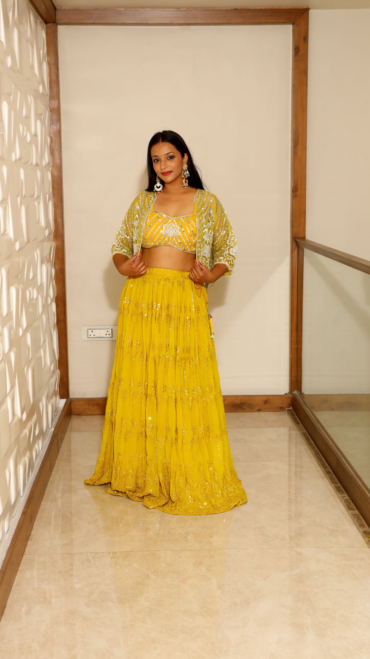 Yellow Premium Crop Top With Skirt And Short Shrug For Women