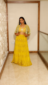 Yellow Premium Crop Top With Skirt And Short Shrug For Women