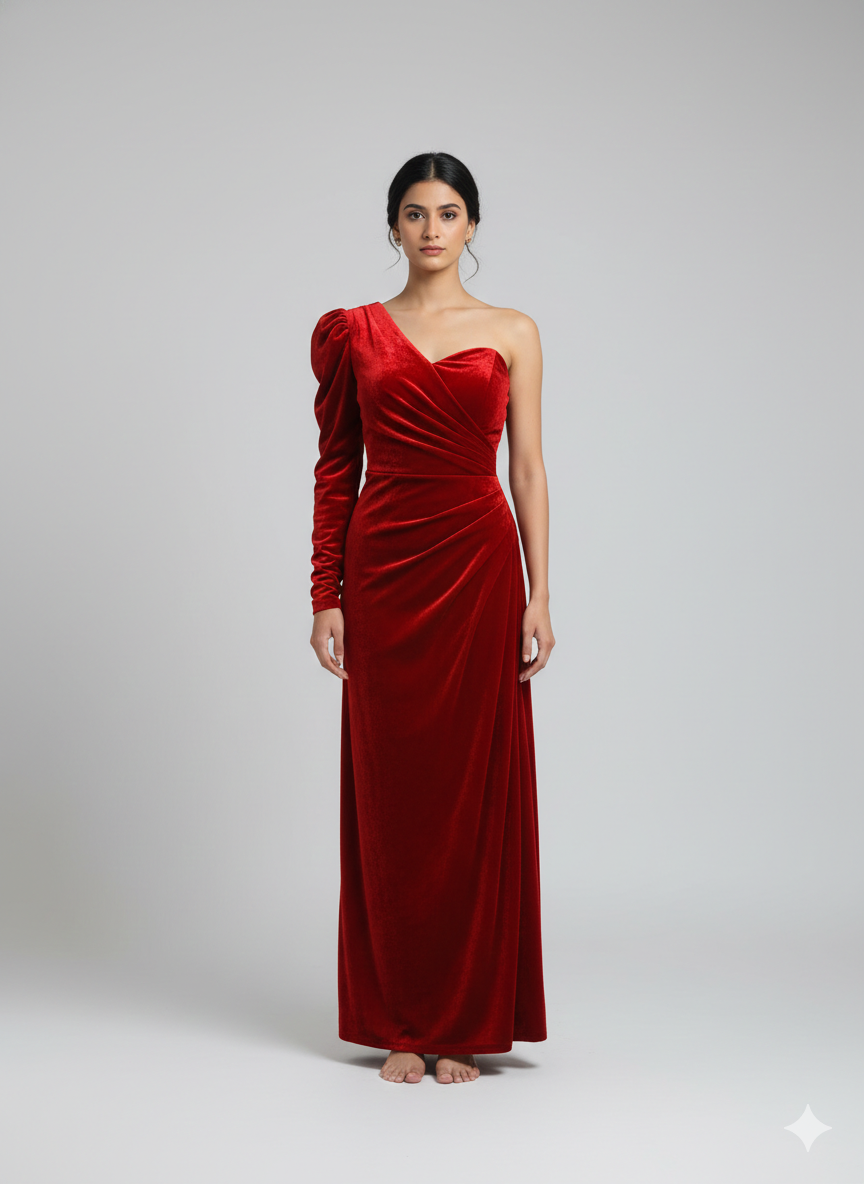 Red Velvet One-Shoulder Strap Gown