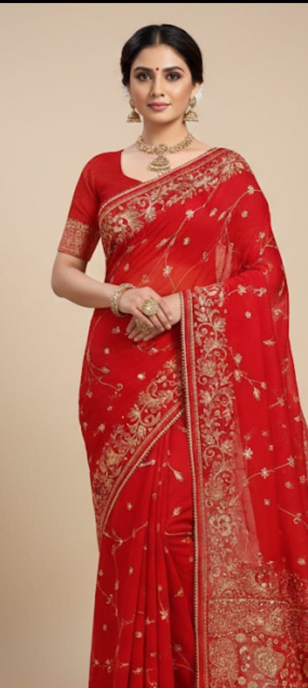 Red Pure Chiffon Saree with Zari Work