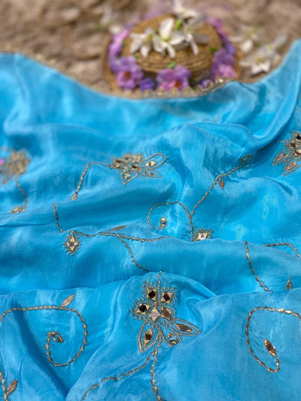 Blue Crepe Saree with Mirror and Zari Work
