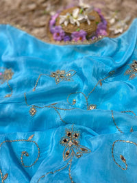 Blue Crepe Saree with Mirror and Zari Work
