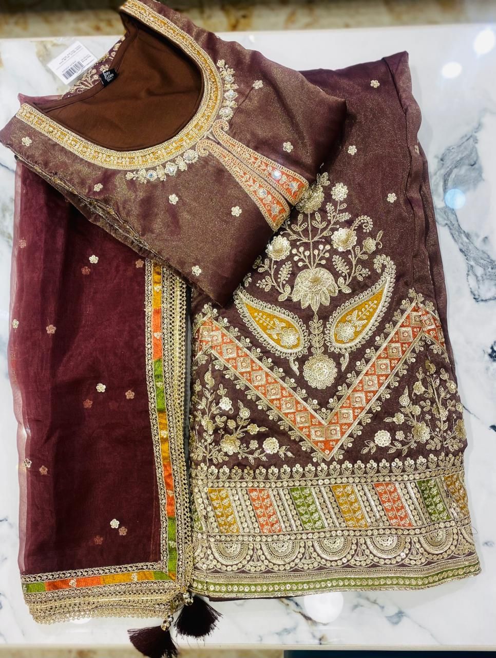 Dark Chocolate Tissue Organza Short Kurta Skirt Set with Dupatta