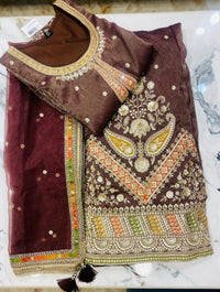 Dark Chocolate Tissue Organza Short Kurta Skirt Set with Dupatta