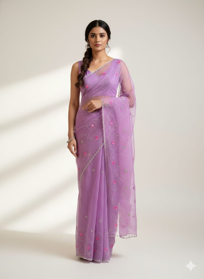 Lavender Organza Handwork Saree