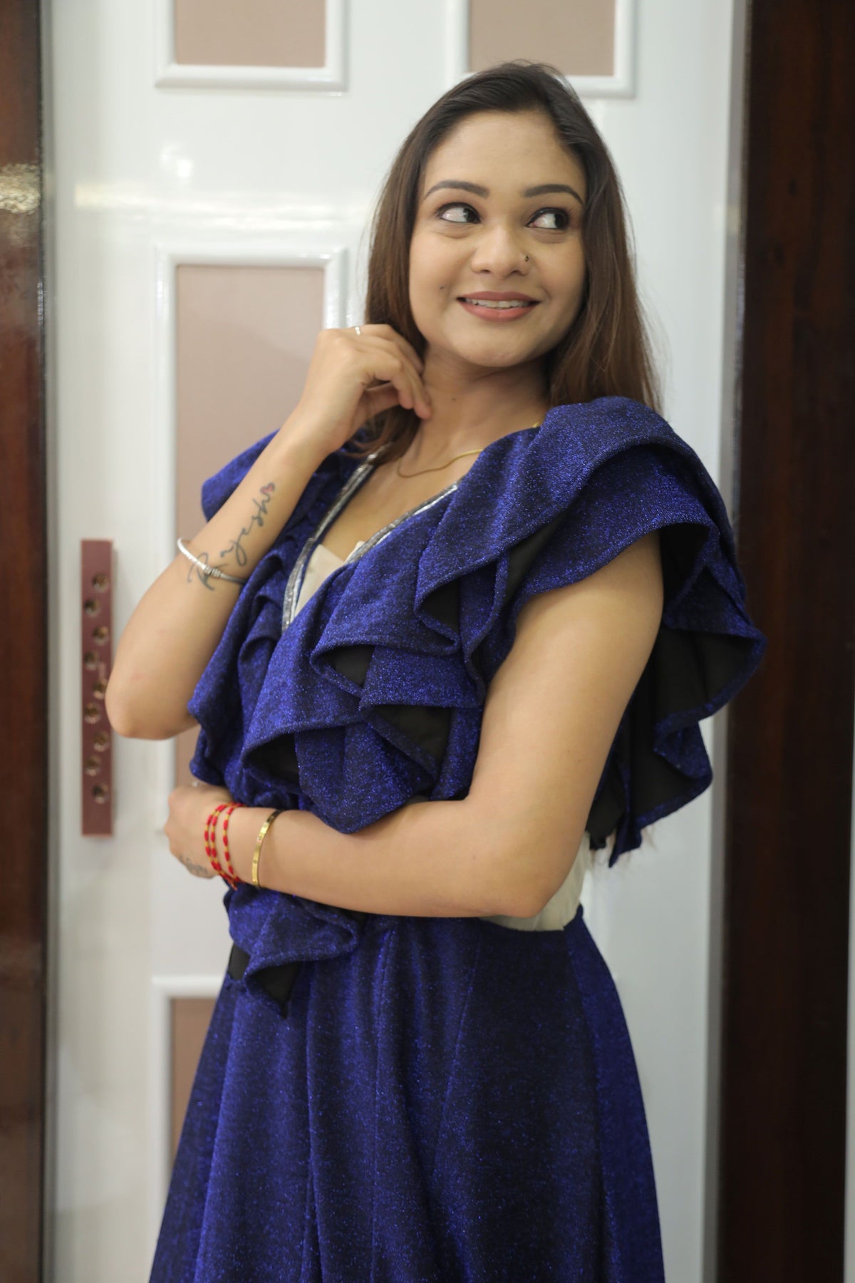 Blue Premium Crepe Cocktail Gown For Women