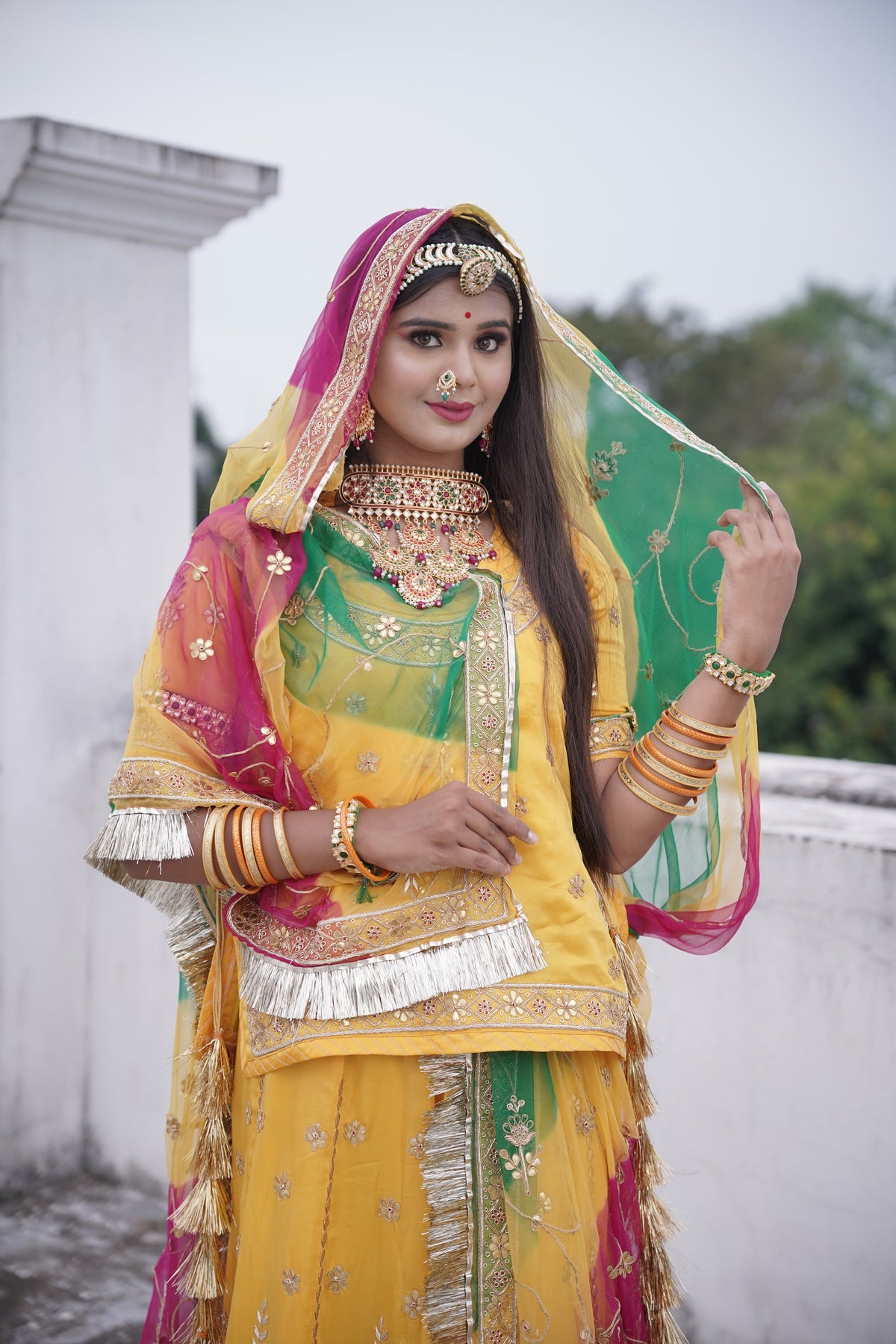 Yellow And Green Premium Chiffon Poshak For Women