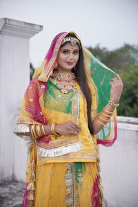Yellow And Green Premium Chiffon Poshak For Women