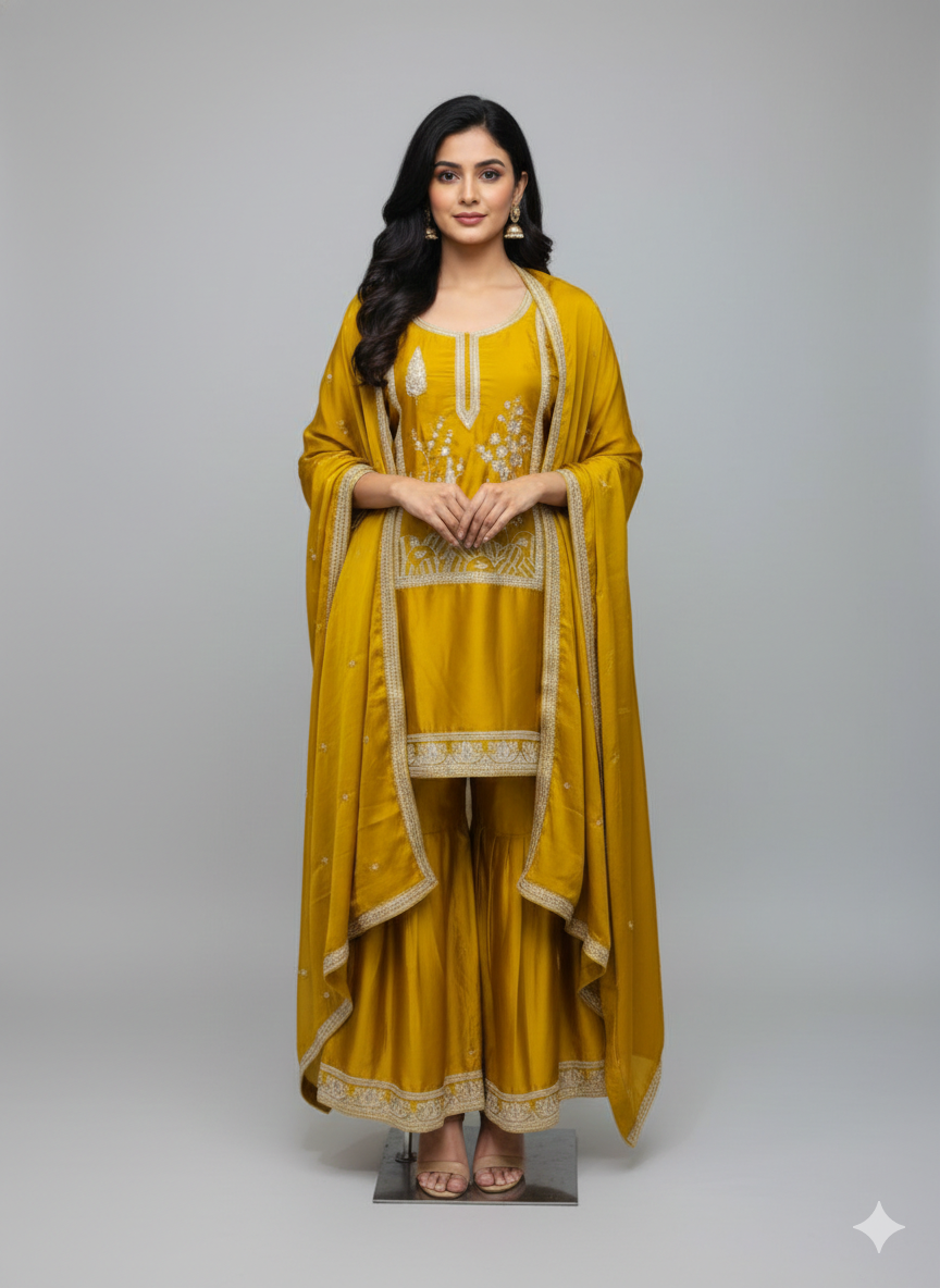 Yellow Satin Silk Short Kurta Garara with Dupatta
