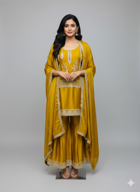 Yellow Satin Silk Short Kurta Garara with Dupatta