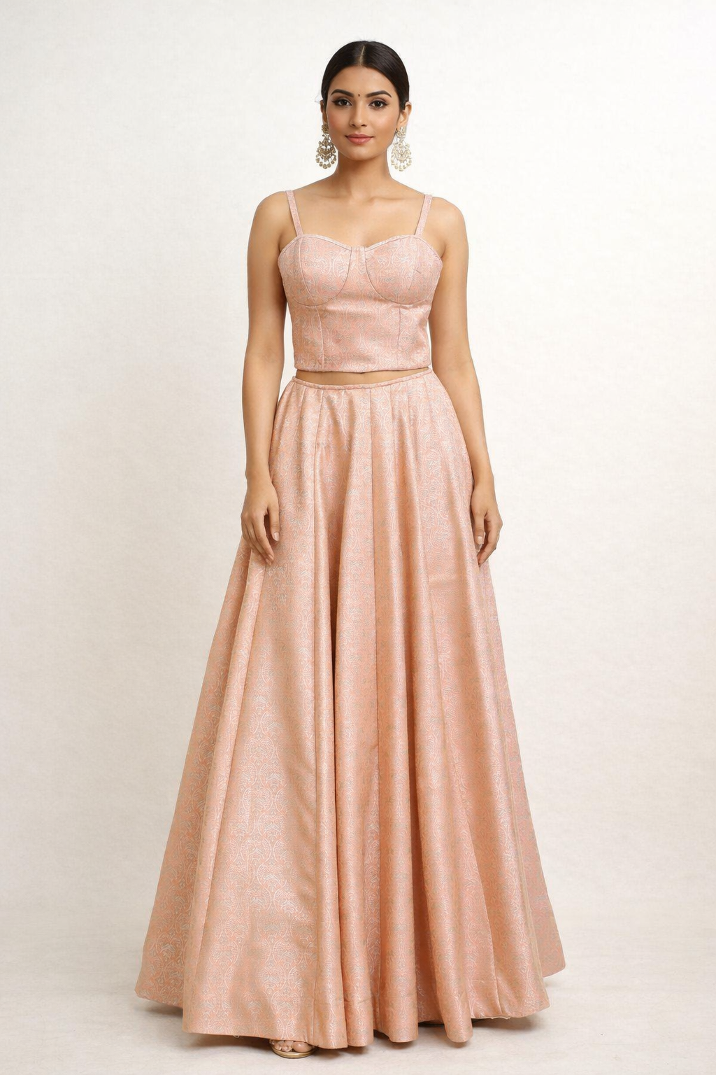 Peach Self-Weaved Crop Top with Skirt Set