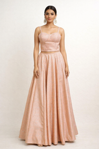 Peach Self-Weaved Crop Top with Skirt Set