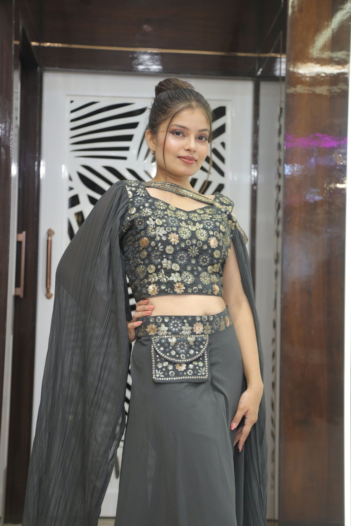 Black Premium Elegant Crop Top With Plazo & Dupatta For Women
