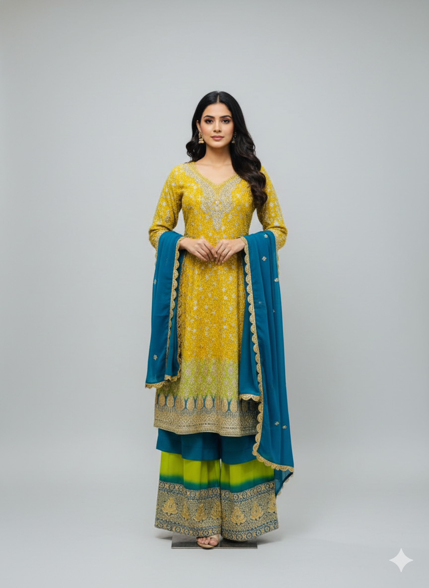 3-D Yellow & Tea Blue Georgette Anarkali Palazzo Set with Dupatta
