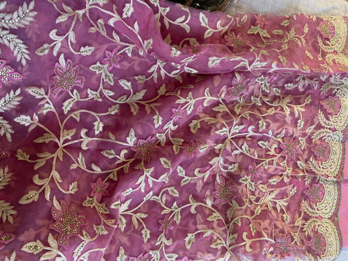 Pink Net Saree with Thread and Stone Work