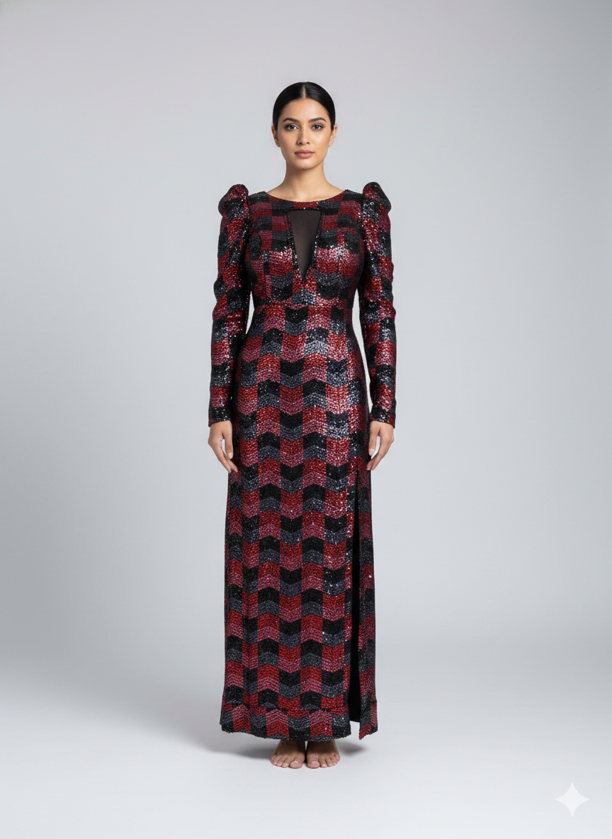 Red & Black Sequined Stretchable One-Piece Dress