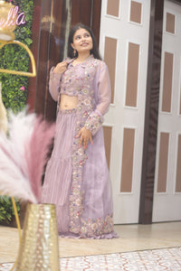 Purple Premium Crop Top With Embroidered Organza Shrug For Women