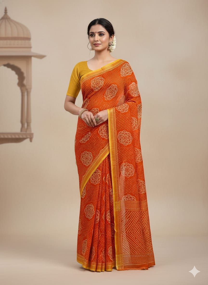Orange Pure Chiffon Bandhej Saree with Sequence Work