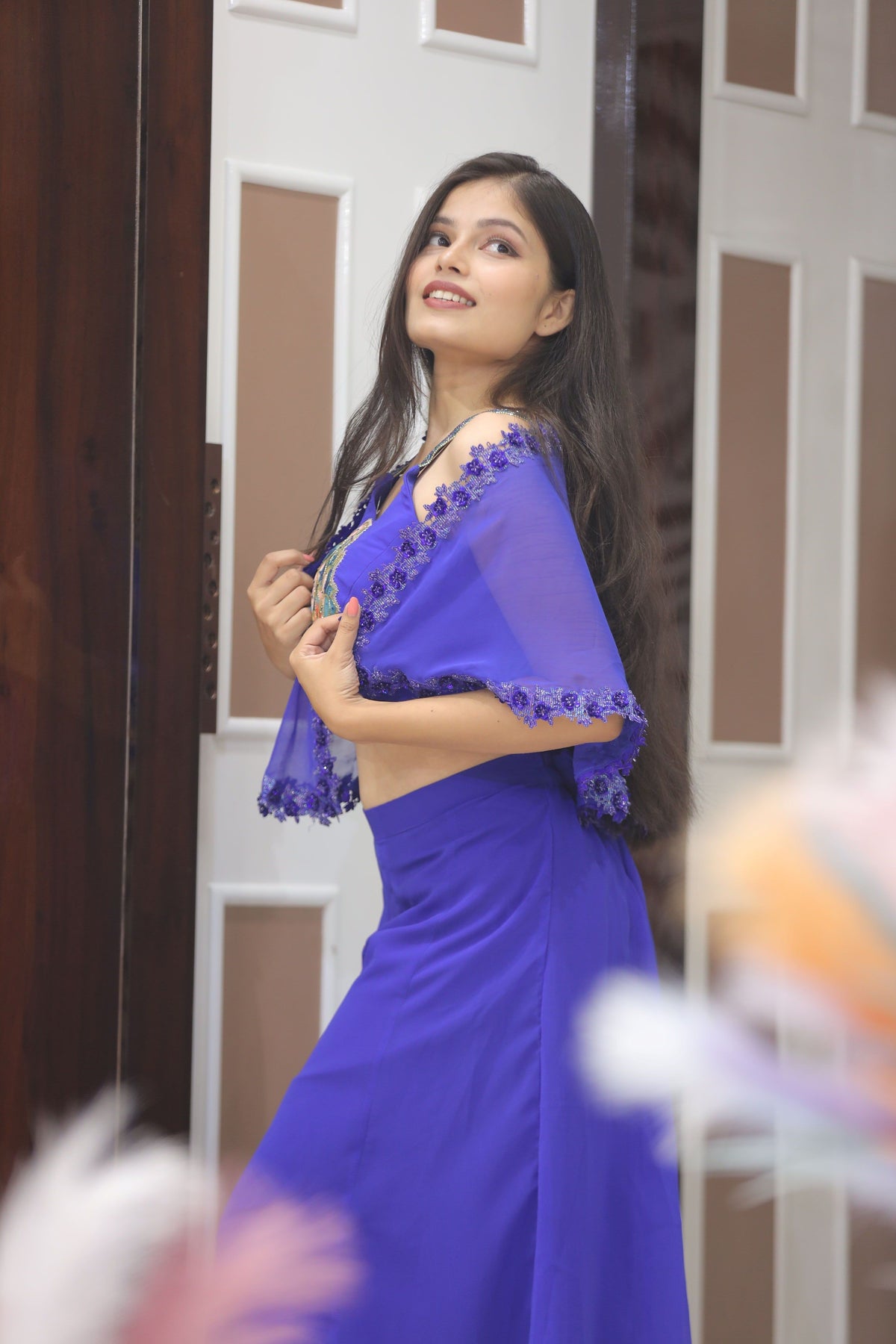 Blue Premium Crop Top With Palazzo And Cape For Women