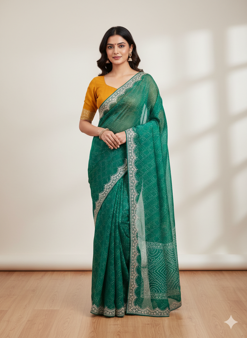 Green Pure Chiffon Bandhej Saree with Zari and Contrast Blouse