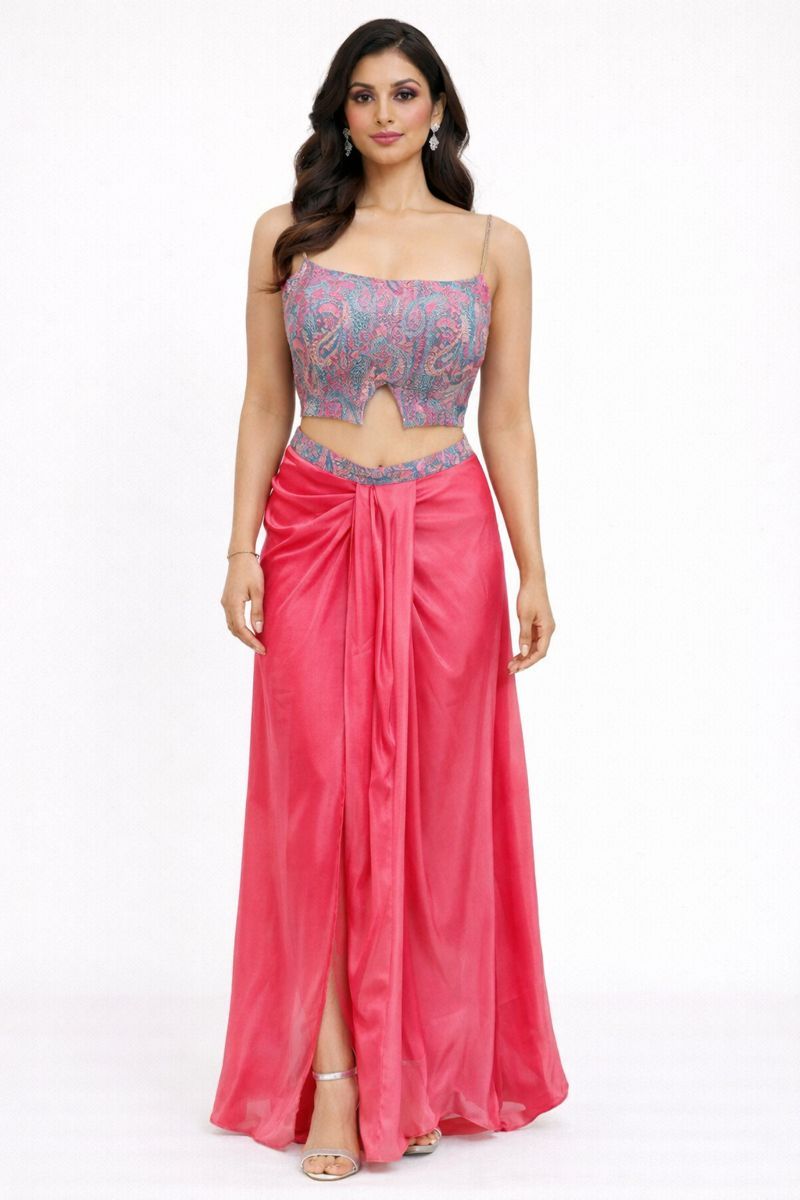 Light Pink & Blue Digital Print Crop Top with Dhoti Set