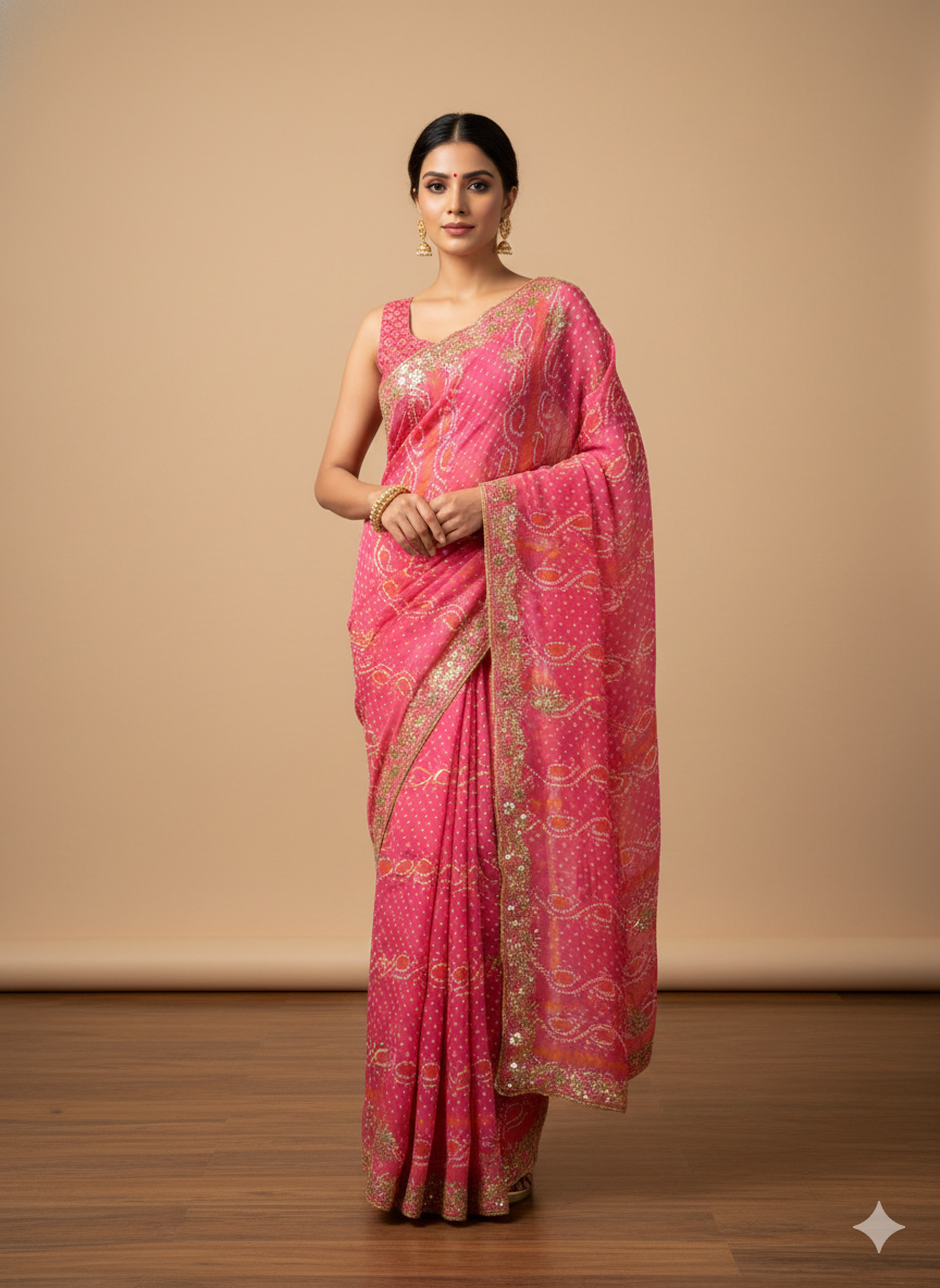 Pink Pure Chiffon Bandhej Saree with Gotta Patti Handwork