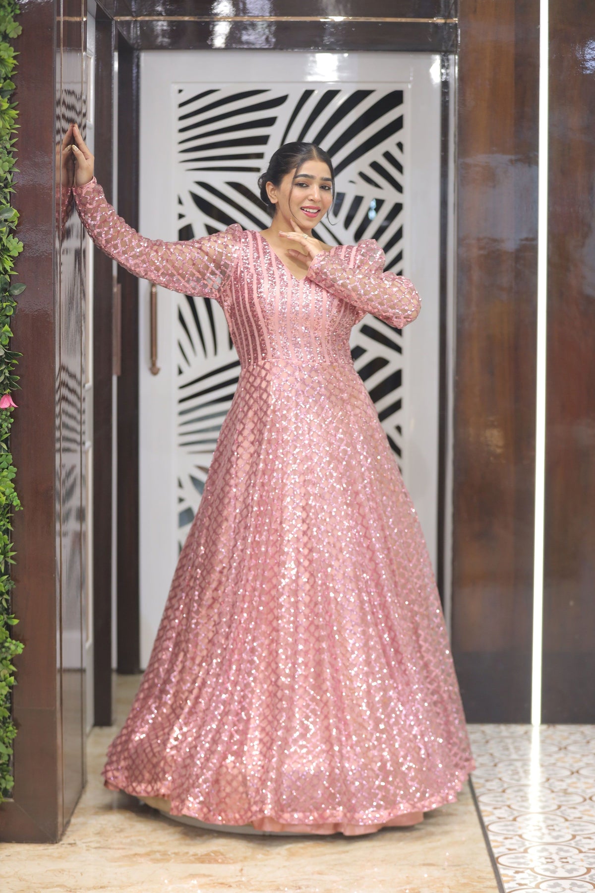 Pink Premium Sequins Cocktail Gown For Women