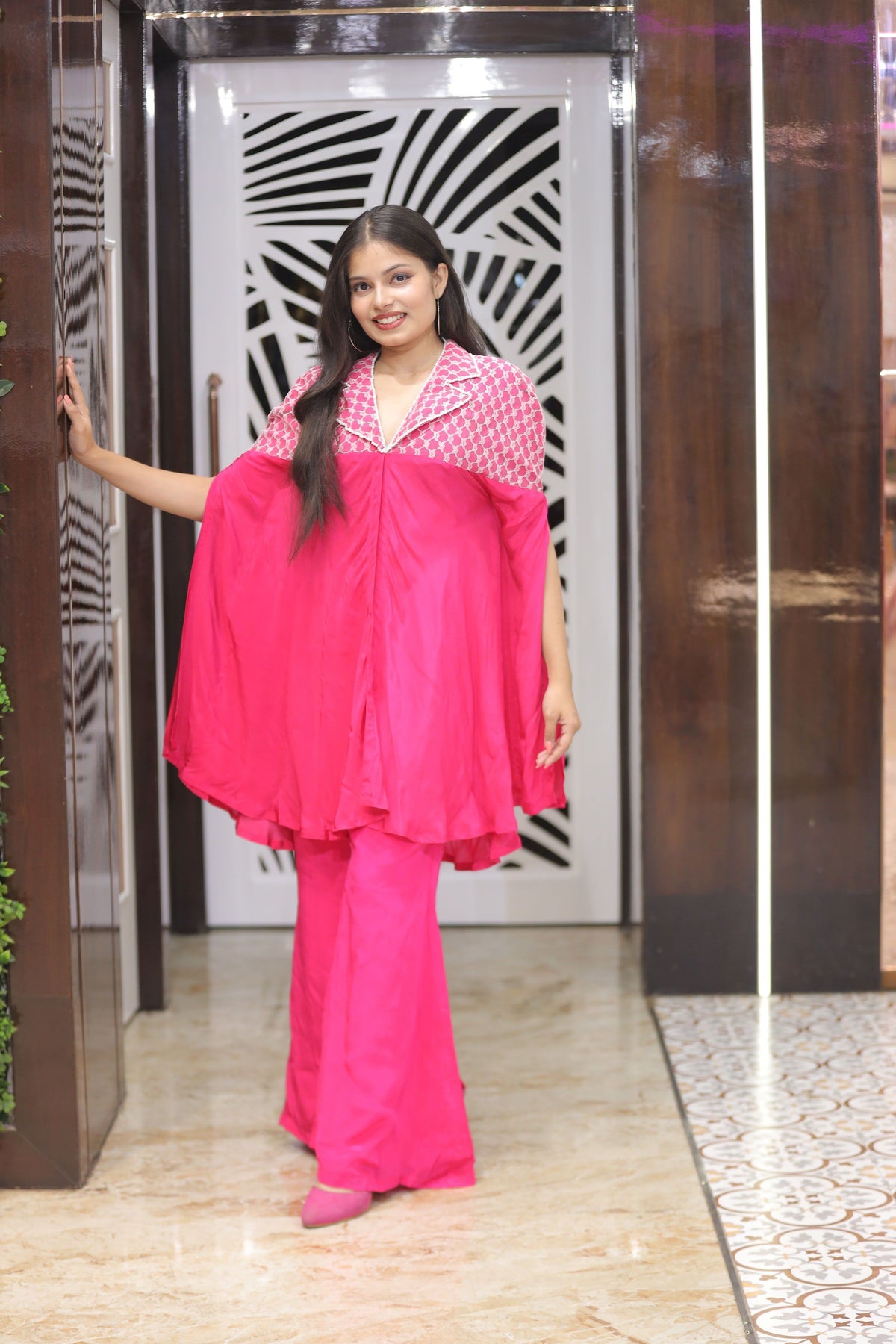 Pink Premium Open Sleeves Kaftan With Ball Bottoms For Women