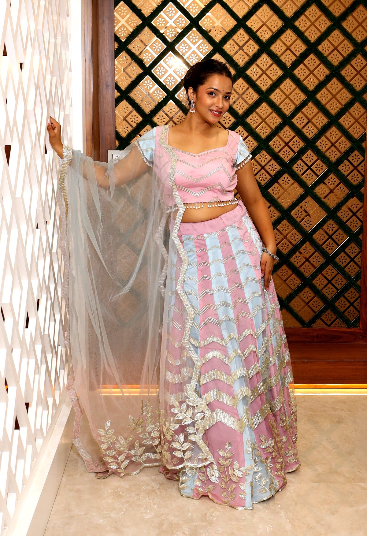 Pink And Blue Premium And Elegant Net Lehenga For Women