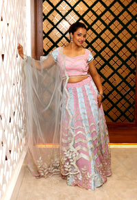 Pink And Blue Premium And Elegant Net Lehenga For Women