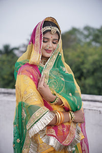 Yellow And Green Premium Chiffon Poshak For Women