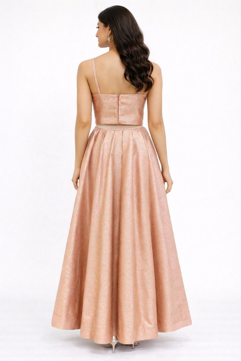 Peach Self-Weaved Crop Top with Skirt Set