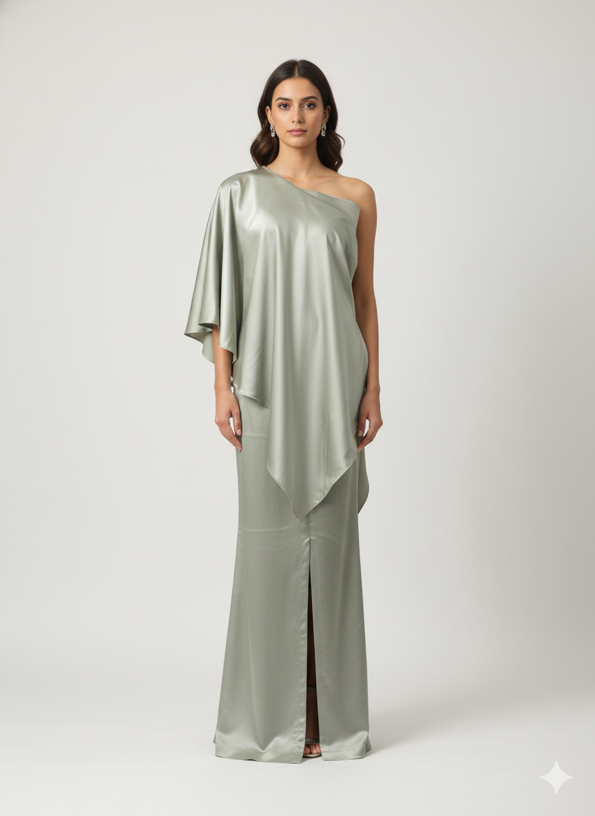 One-Shoulder Cape Crop Top Skirt Set