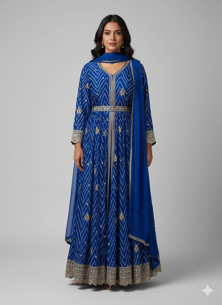 Royal Blue Chinon Front-Slit Anarkali Pant Set with Dupatta