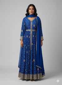 Royal Blue Chinon Front-Slit Anarkali Pant Set with Dupatta
