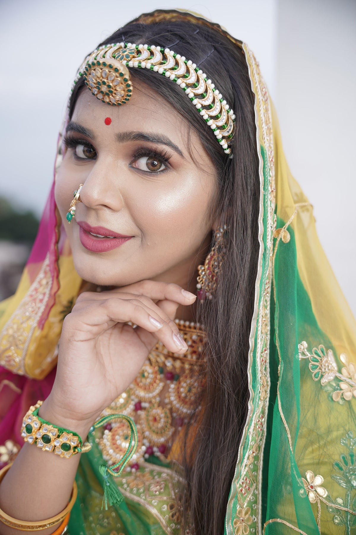 Yellow And Green Premium Chiffon Poshak For Women