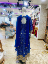 Royal Blue Chinon Front-Slit Anarkali Pant Set with Dupatta
