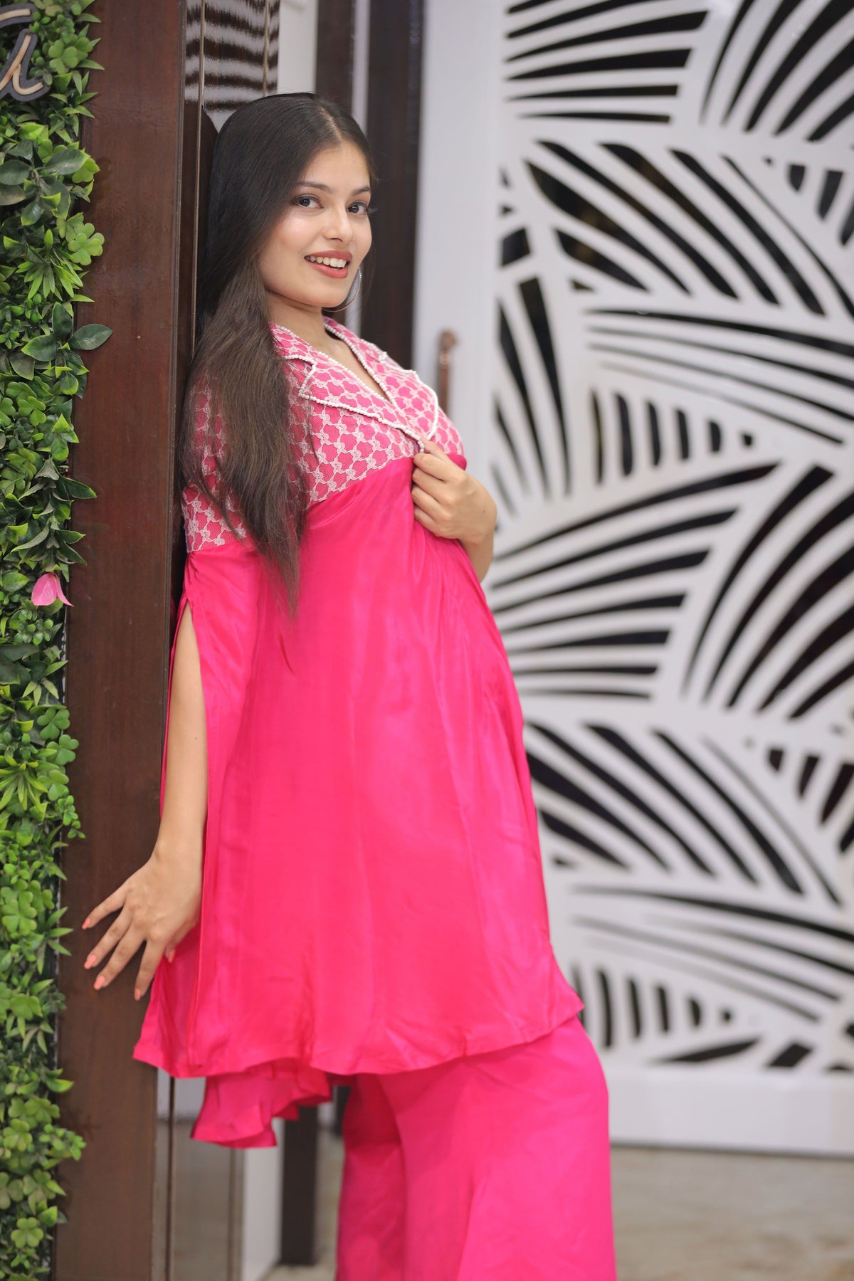 Pink Premium Open Sleeves Kaftan With Ball Bottoms For Women