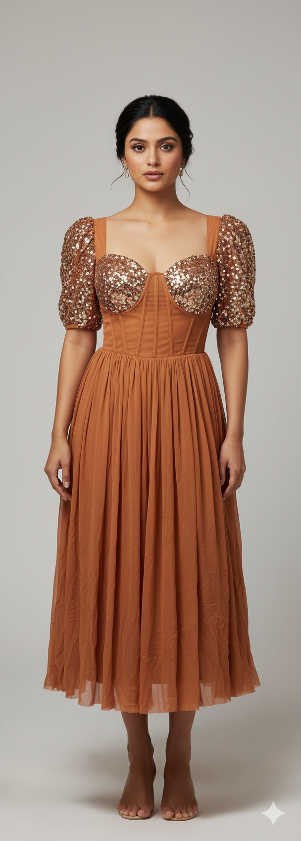 Brown Puff-Sleeve Knee-Length One-Piece Dress