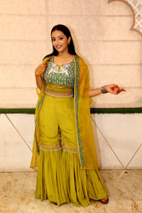 Green Premium Garara Top With Cape Shrug Pure Crape Thread Work Set For Women
