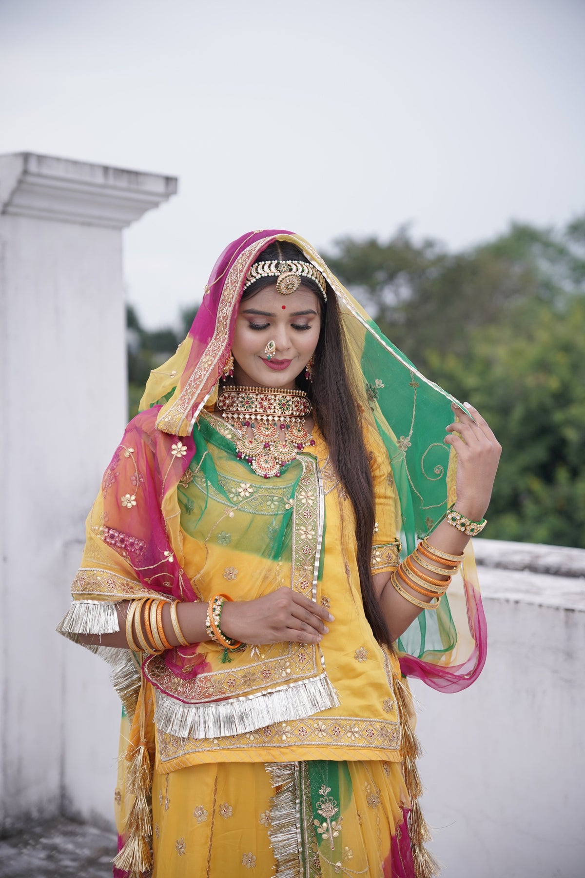 Yellow And Green Premium Chiffon Poshak For Women